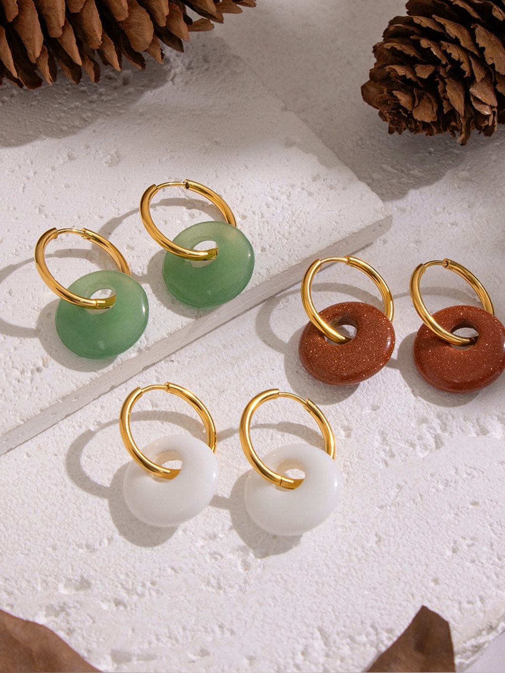 Gold PVD Hoop Earrings with Green, White, and Brown Stone Discs